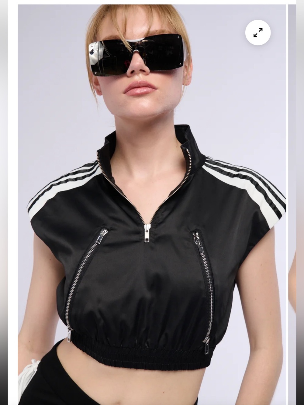 AKIRA Black Cropped Track Zip Top with White Shoulder Stripes